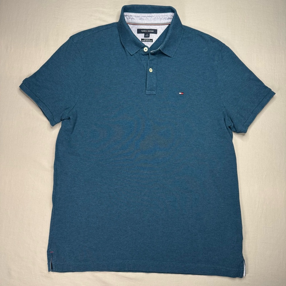 Tommy Hilfiger Polo Shirt Men’s Large Blue Custom Fit Classic Flag Photo